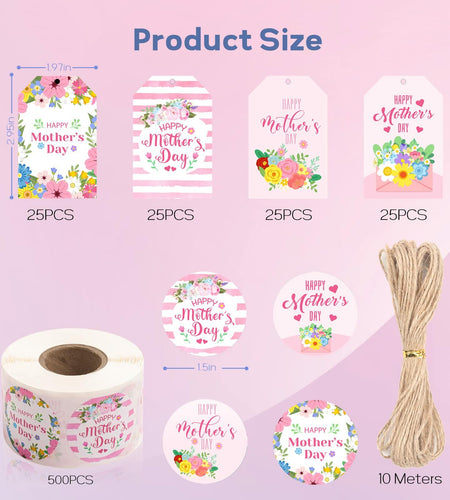TREACLUB 600PCS Mother's Day Gift Tags & Stickers Pink Floral Labels