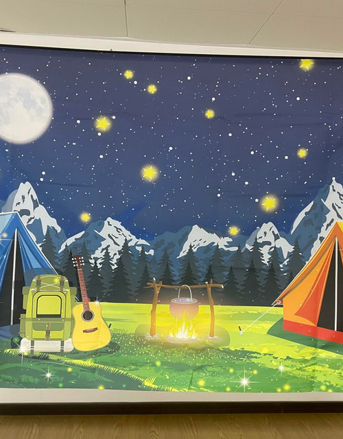 Load image into Gallery viewer, PGSWEER Camping Backdrop 7x5FT Blue Crepe Paper Campfire Mountain Banner
