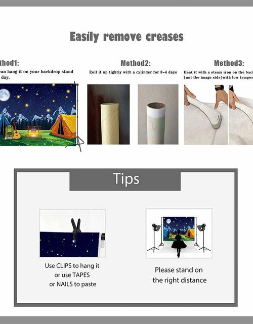 Load image into Gallery viewer, PGSWEER Camping Backdrop 7x5FT Blue Crepe Paper Campfire Mountain Banner
