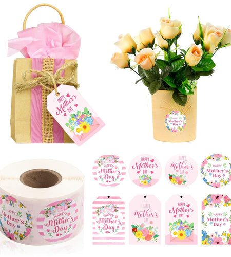 TREACLUB 600PCS Mother's Day Gift Tags & Stickers Pink Floral Labels