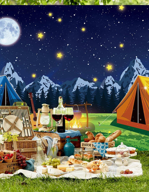 Load image into Gallery viewer, PGSWEER Camping Backdrop 7x5FT Blue Crepe Paper Campfire Mountain Banner
