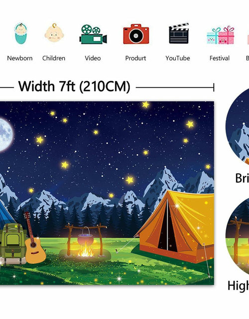 Load image into Gallery viewer, PGSWEER Camping Backdrop 7x5FT Blue Crepe Paper Campfire Mountain Banner
