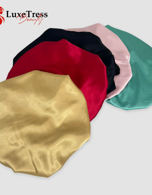 Load image into Gallery viewer, LuxeTress Black Satin Hair Bonnet Double-Layered Adjustable Black
