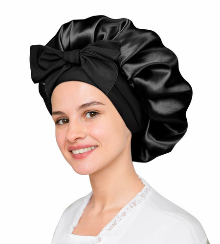 LuxeTress Black Satin Hair Bonnet Double-Layered Adjustable Black
