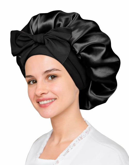 Load image into Gallery viewer, LuxeTress Black Satin Hair Bonnet Double-Layered Adjustable Black
