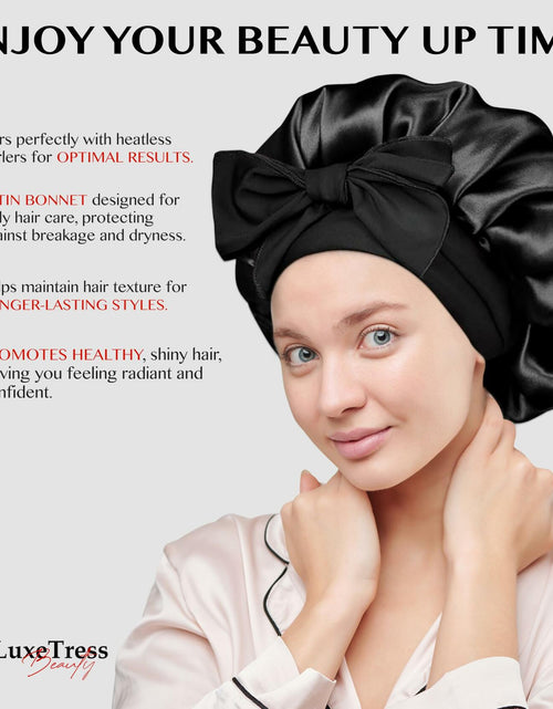 Load image into Gallery viewer, LuxeTress Black Satin Hair Bonnet Double-Layered Adjustable Black
