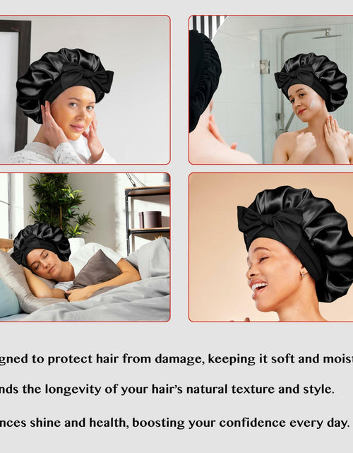 Load image into Gallery viewer, LuxeTress Black Satin Hair Bonnet Double-Layered Adjustable Black
