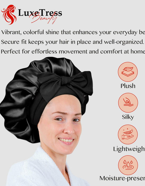 Load image into Gallery viewer, LuxeTress Black Satin Hair Bonnet Double-Layered Adjustable Black

