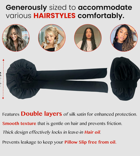 LuxeTress Black Satin Hair Bonnet Double-Layered Adjustable Black