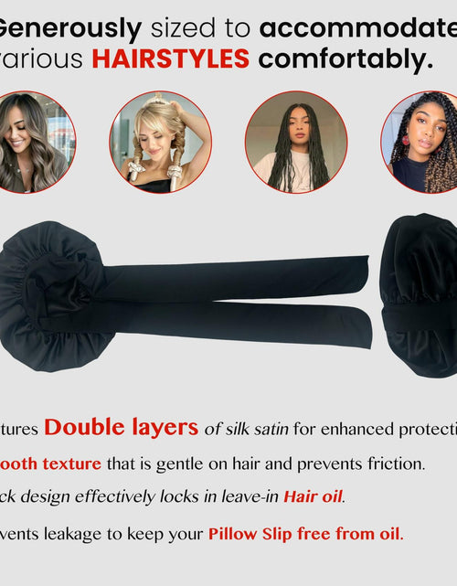 Load image into Gallery viewer, LuxeTress Black Satin Hair Bonnet Double-Layered Adjustable Black

