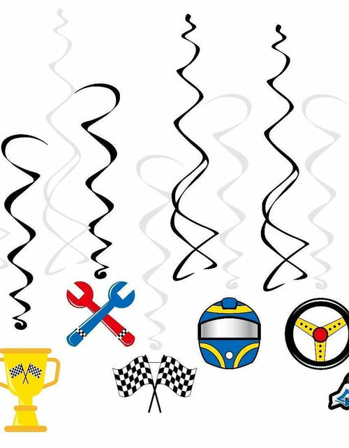 Load image into Gallery viewer, Race Car Party Supplies Set for 30 Kids Hats Bags Banners Swirls Backdrop
