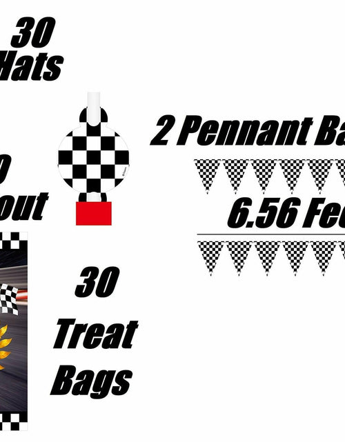 Load image into Gallery viewer, Race Car Party Supplies Set for 30 Kids Hats Bags Banners Swirls Backdrop
