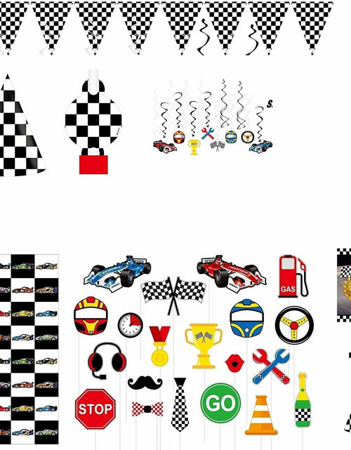 Load image into Gallery viewer, Race Car Party Supplies Set for 30 Kids Hats Bags Banners Swirls Backdrop
