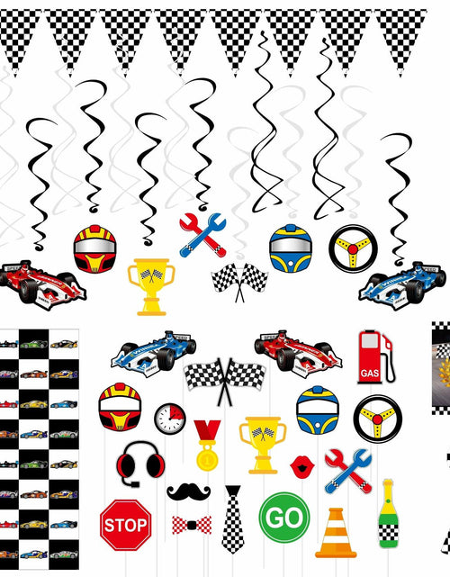 Load image into Gallery viewer, Race Car Party Supplies Set for 30 Kids Hats Bags Banners Swirls Backdrop
