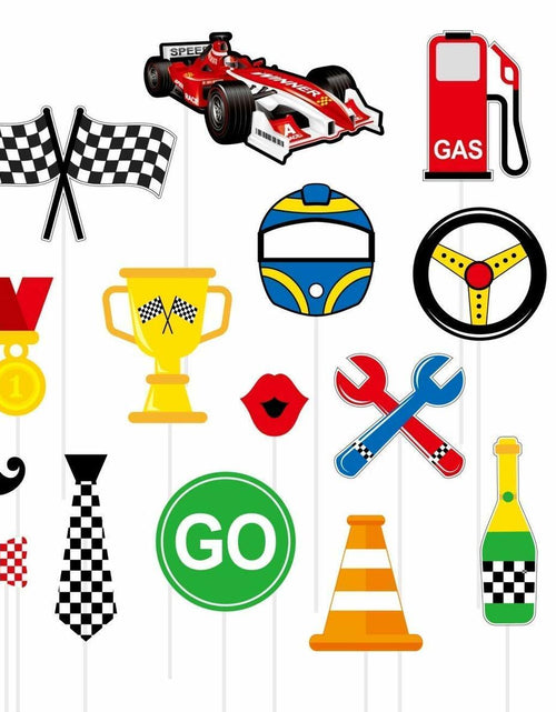 Load image into Gallery viewer, Race Car Party Supplies Set for 30 Kids Hats Bags Banners Swirls Backdrop
