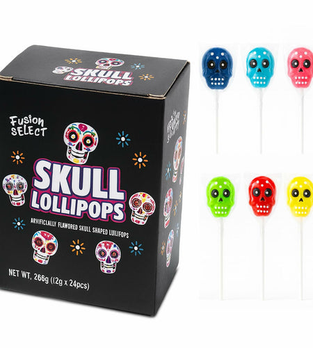 BestBy06/27 Fusion Select Sugar Skull Lollipops 24 Pc Colorful Halloween Candy