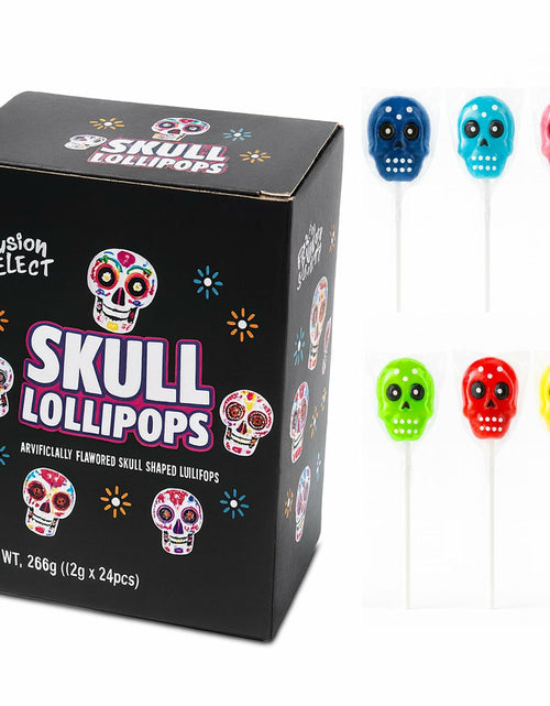 Load image into Gallery viewer, BestBy06/27 Fusion Select Sugar Skull Lollipops 24 Pc Colorful Halloween Candy

