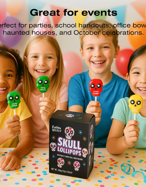 Load image into Gallery viewer, BestBy06/27 Fusion Select Sugar Skull Lollipops 24 Pc Colorful Halloween Candy

