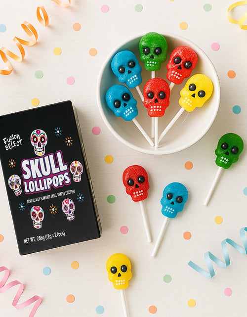 Load image into Gallery viewer, BestBy06/27 Fusion Select Sugar Skull Lollipops 24 Pc Colorful Halloween Candy
