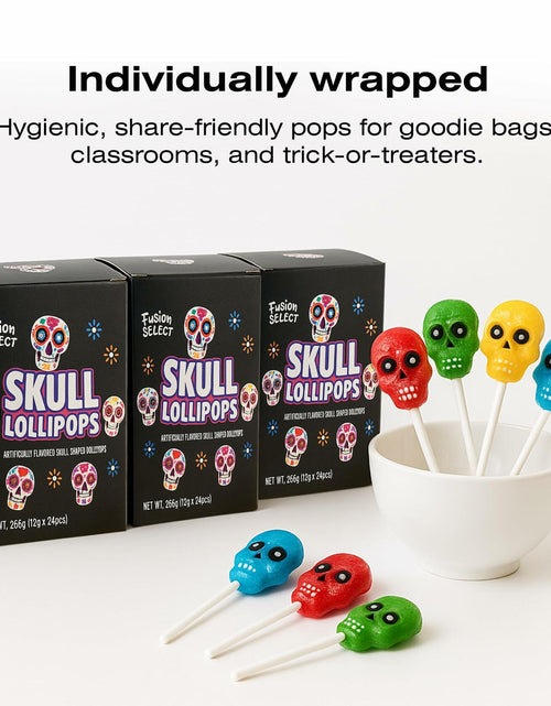 Load image into Gallery viewer, BestBy06/27 Fusion Select Sugar Skull Lollipops 24 Pc Colorful Halloween Candy
