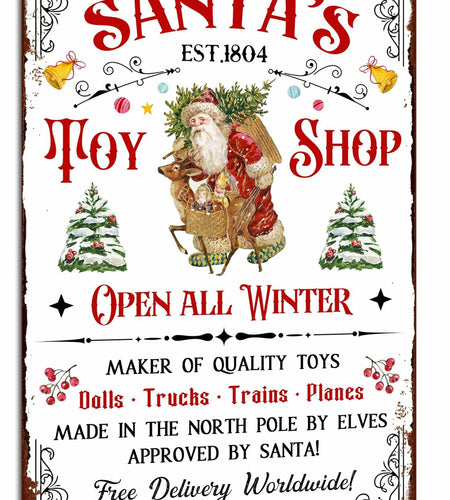 Tvdegse Santa's Toy Shop Metal Sign Retro Christmas Wall Decor 8x12 Inch