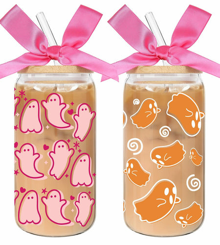LeeSky 2 Pack Halloween Ghost Glass Tumblers 16Oz Pink Orange Lids Straws