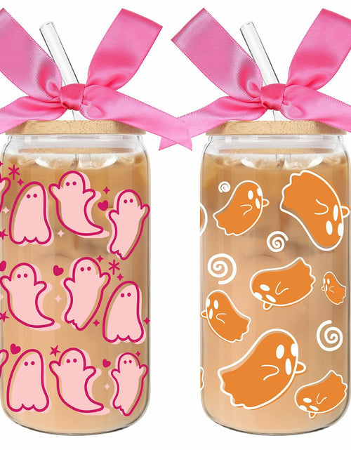 Load image into Gallery viewer, LeeSky 2 Pack Halloween Ghost Glass Tumblers 16Oz Pink Orange Lids Straws
