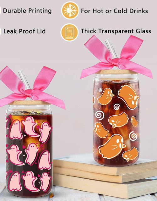 Load image into Gallery viewer, LeeSky 2 Pack Halloween Ghost Glass Tumblers 16Oz Pink Orange Lids Straws
