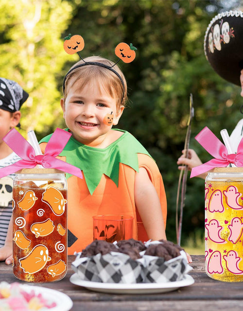 Load image into Gallery viewer, LeeSky 2 Pack Halloween Ghost Glass Tumblers 16Oz Pink Orange Lids Straws

