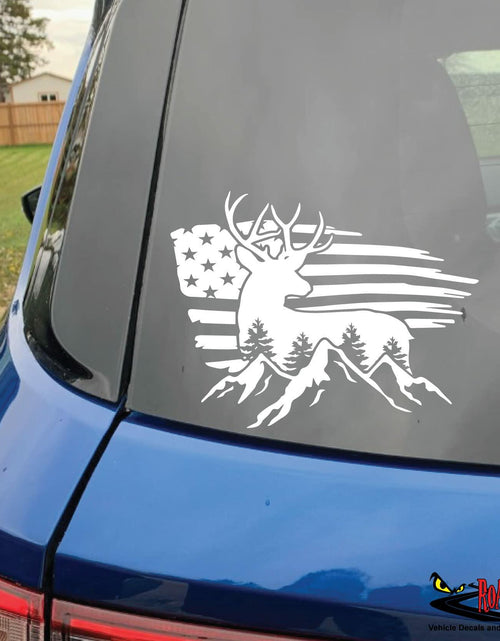 Load image into Gallery viewer, Bad Fish American Flag Buck Deer Car Decal White 1 Vinyl Sticker

