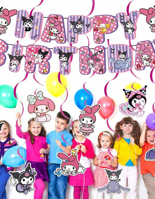 Load image into Gallery viewer, CcHLjh K Kawaii Cartoon Birthday Party Banner &amp; 8 Purple Hanging Swirls
