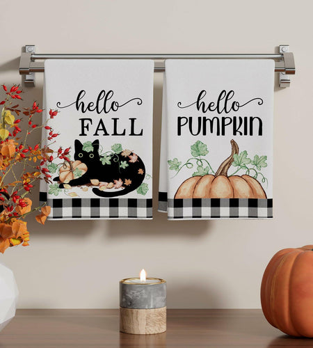 XCHI Fall Black Cat Pumpkin Plaid Kitchen Towels 18x26 Inch Set of 2