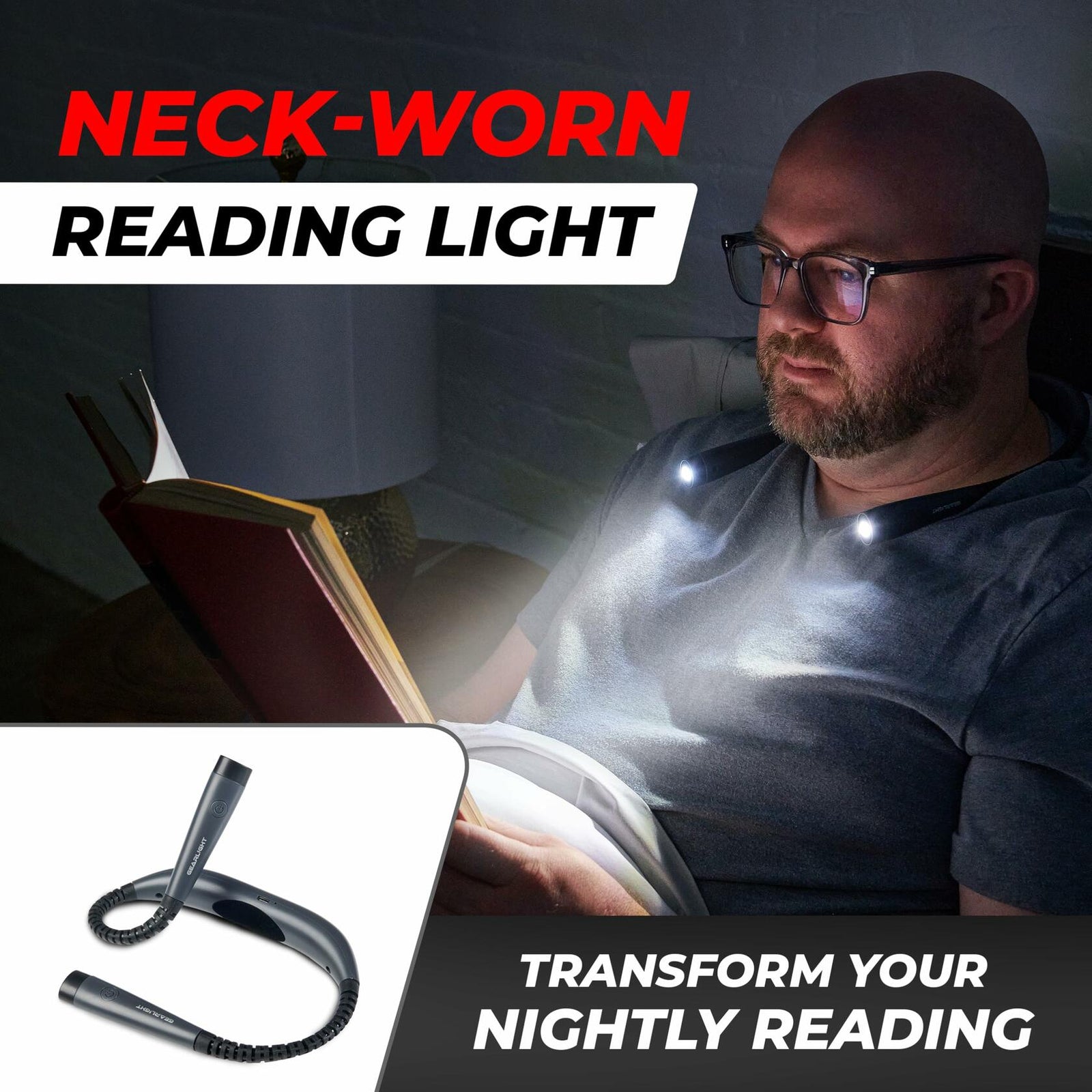 GearLight Rechargeable Hands-Free Book Light Adjustable LED Gray Pack 1