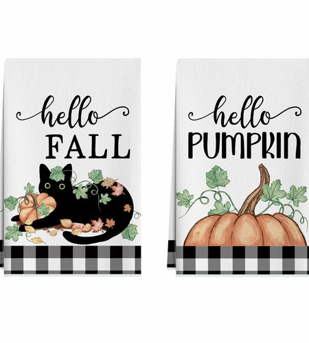 XCHI Fall Black Cat Pumpkin Plaid Kitchen Towels 18x26 Inch Set of 2