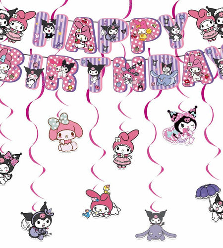 CcHLjh K Kawaii Cartoon Birthday Party Banner & 8 Purple Hanging Swirls