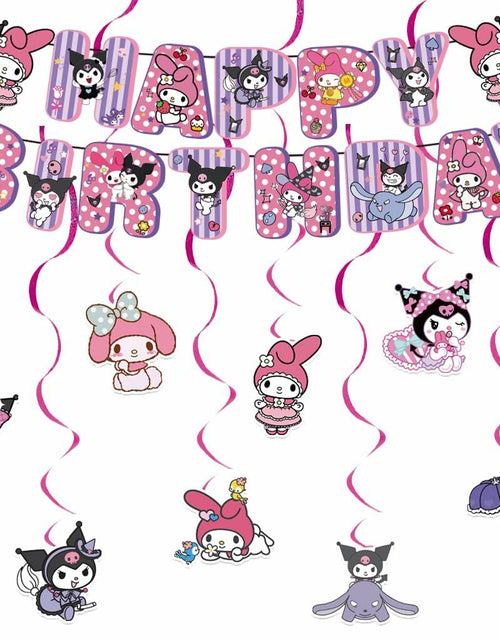 Load image into Gallery viewer, CcHLjh K Kawaii Cartoon Birthday Party Banner &amp; 8 Purple Hanging Swirls
