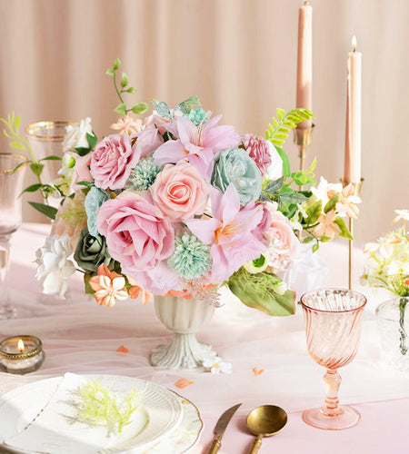 DEEMEI Artificial Pink Peach Silk Rose Peony Flowers Combo Box Set