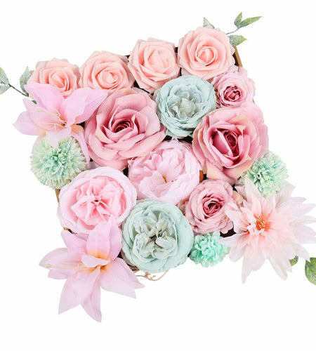 DEEMEI Artificial Pink Peach Silk Rose Peony Flowers Combo Box Set