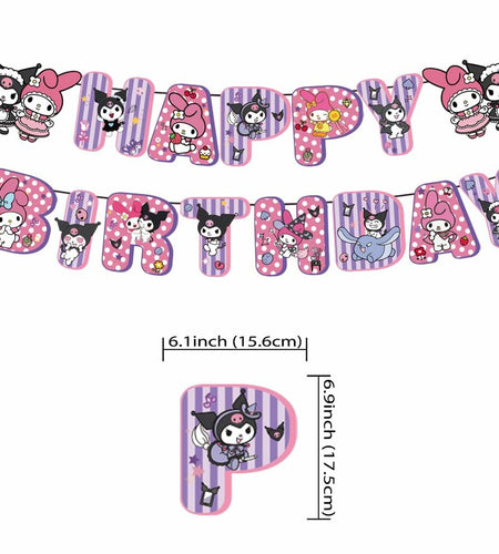 CcHLjh K Kawaii Cartoon Birthday Party Banner & 8 Purple Hanging Swirls