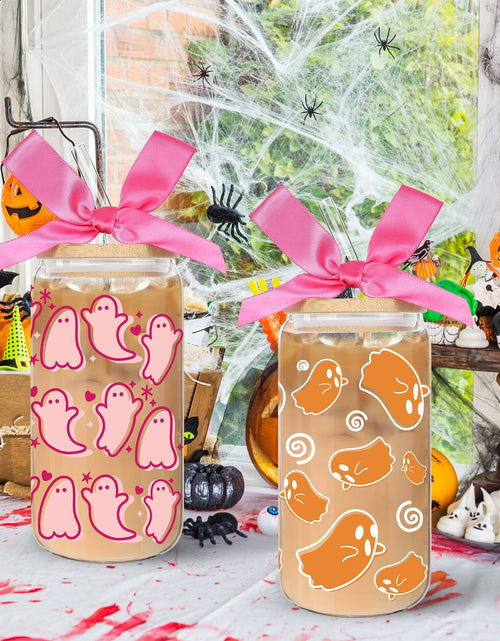 Load image into Gallery viewer, LeeSky 2 Pack Halloween Ghost Glass Tumblers 16Oz Pink Orange Lids Straws
