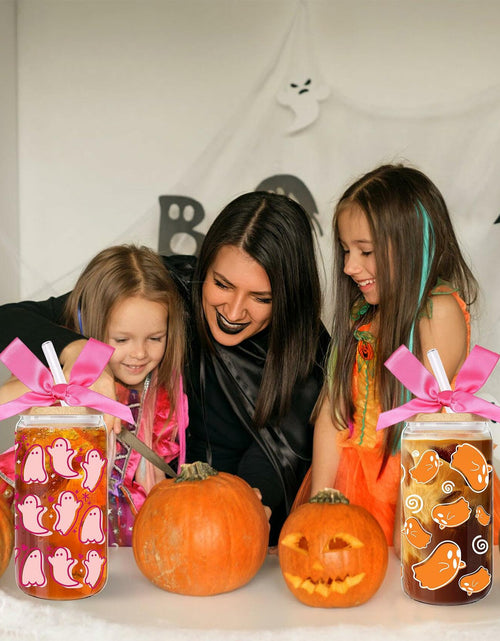 Load image into Gallery viewer, LeeSky 2 Pack Halloween Ghost Glass Tumblers 16Oz Pink Orange Lids Straws
