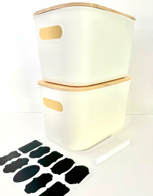 Load image into Gallery viewer, Generic Plastic Stackable Storage Bins with Bamboo Lid 2 PCS White 10x7in
