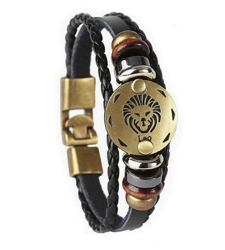 vmcoatdu Leo Zodiac Alloy Leather Braided Rope Bracelet 7.9in Brown