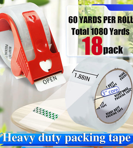 Frascati Heavy Duty Packing Tape 18 Pack 1.88in x 60yd Clear with 3 Dispensers