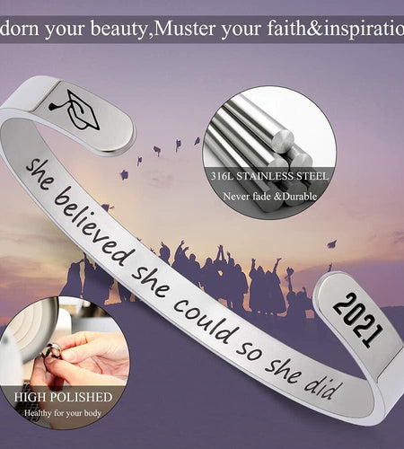 Btysun Graduation Bracelet Inspirational Engraved Quote Silver 6.29"