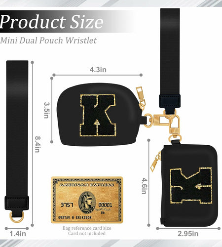 ARIKJ Initial Wristlet Wallet Dual Pouch Mini Coin Purse Black B