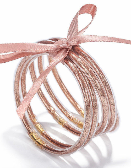 Load image into Gallery viewer, HIIXHC Rose Gold Glitter Filled Jelly Silicone Bangle Bracelets 6.5 Inch
