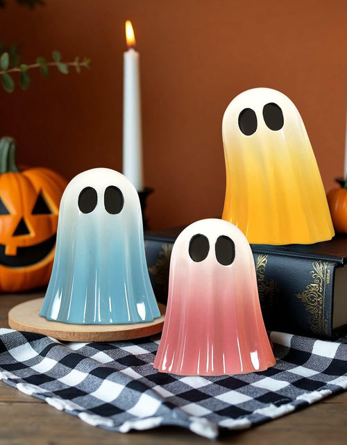 Load image into Gallery viewer, DAZONGE Halloween Ceramic Ghost Figurines Set of 3 Pink Yellow Blue Indoor
