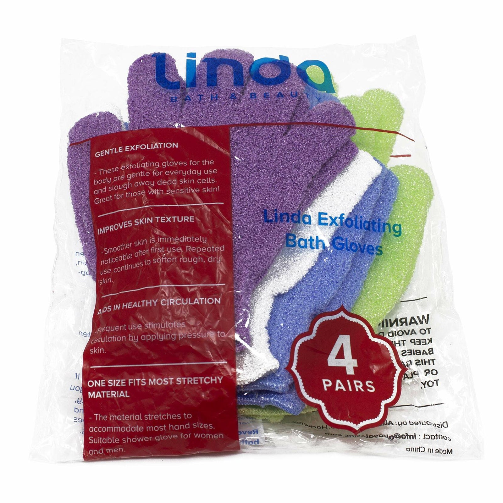 Linda Exfoliating Bath Gloves Multicolor 4 Pair Pack