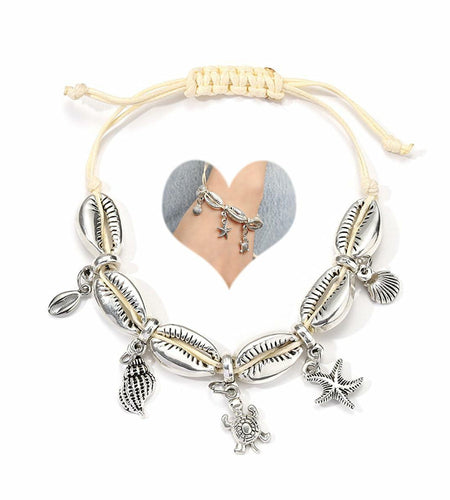 Bethynas Bohemian Shell Beads Pendant Adjustable Anklet Bracelet Silver